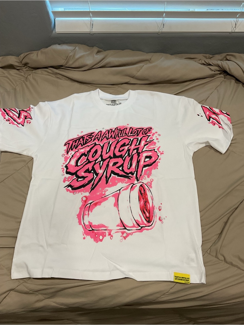 White Kids' Graphic Tee with Pink 'Cough Syrup' Print